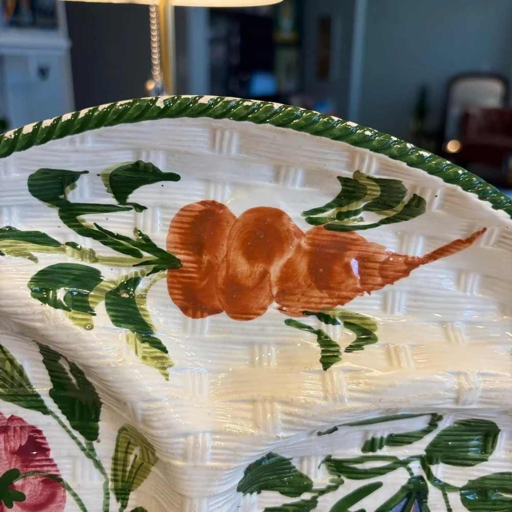 Hand-Painted Italy Floral Ceramic Divided Basket Weave Pattern Platter